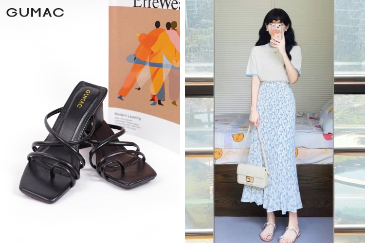 Phối chân váy xếp ly dáng dài với giày sandal